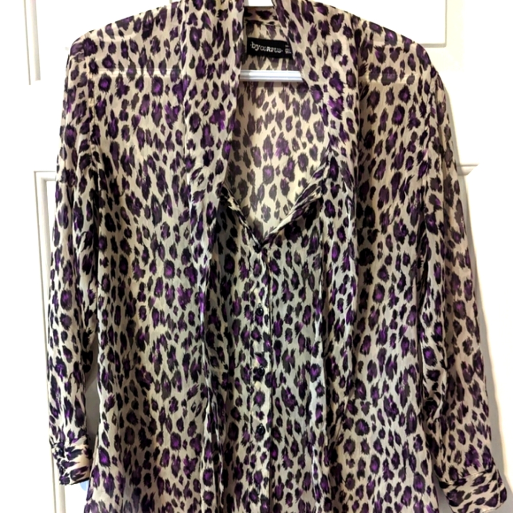 Purple Leopard Sheer By Corpus Button-Up Blouse